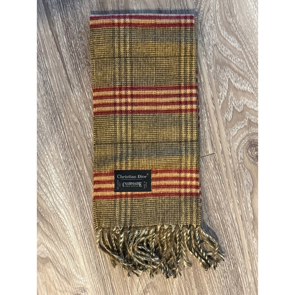 Christian Dior Vintage Plaid Scarf Cashmaire Yellow Red Green Made in Japan